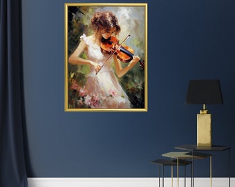 ヴァイオリンを弾く少女の抽象油絵：音楽ウォールアート（デジタル