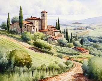 Tuscany Landscape Painting: Italian Village Wall Art (Digital Download)