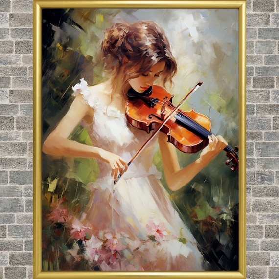 Girl Playing Violin Abstract Oil Painting: Music Wall Art (digital