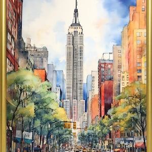 ニューヨークの絵画 NYC スカイライン 水彩画 アートプリント 春の街並み ウォールアート 旅行ポスター エンパイアステートビル 新築祝いギフト