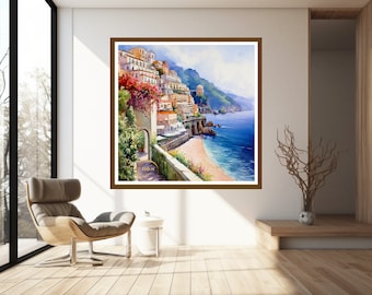 Acuarela de la Costa Amalfitana: Arte del paisaje marino de Sorrento (Descarga digital)