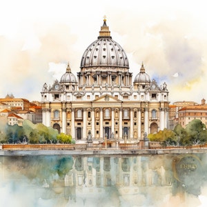 Stampa acquerello del Vaticano sul fiume Tevere, Roma, poster di viaggio in Italia, disegno di immagine artistica da parete, carta da parati decorativa, download immediato REGALO