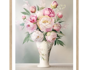 Pintura al óleo de peonías vintage: Bodegón con ramo floral (descarga digital)