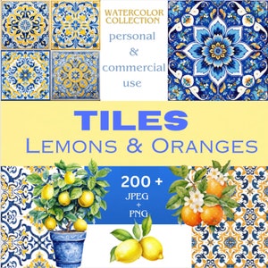 May include: A collection of 200+ watercolor illustrations of blue and yellow tiles with lemons and oranges. The tiles feature intricate patterns and designs. The text "WATERCOLOR COLLECTION", "personal & commercial use", "TILES", "LEMONS & ORANGES", "200+ JPEG + PNG" is visible in the image.