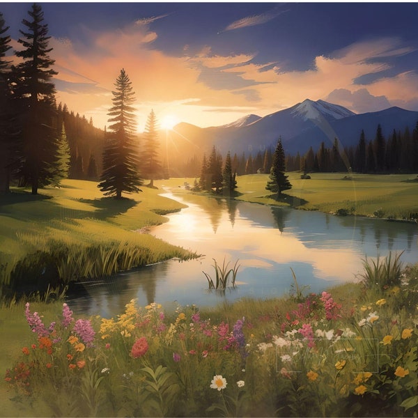 Lever du soleil, montagne, rivière, fleurs, étang, herbe, lumière du soleil, soleil, nature, acrylique, peinture à l'huile, numérique, IA, art, toile, impression, paysage, papier peint