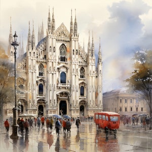 Duomo di Milano in una giornata piovosa Milano Italia acquerello dipinto arte murale decorazione design schermo carta da parati design biglietto regalo