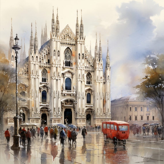 ミラノのドゥオーモの水彩画：雨の日のミラノアート（デジタル