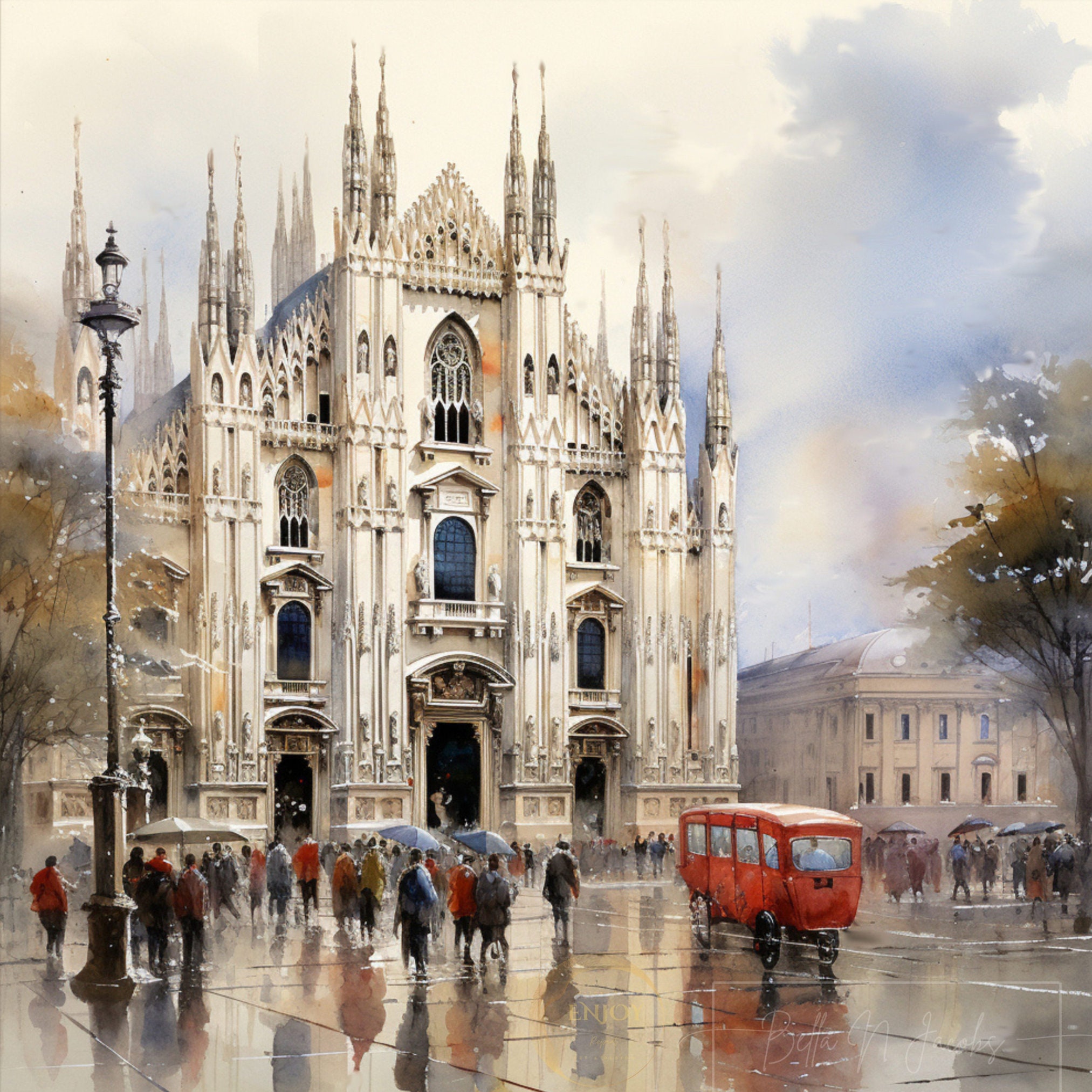 ミラノのドゥオーモの水彩画：雨の日のミラノアート（デジタル