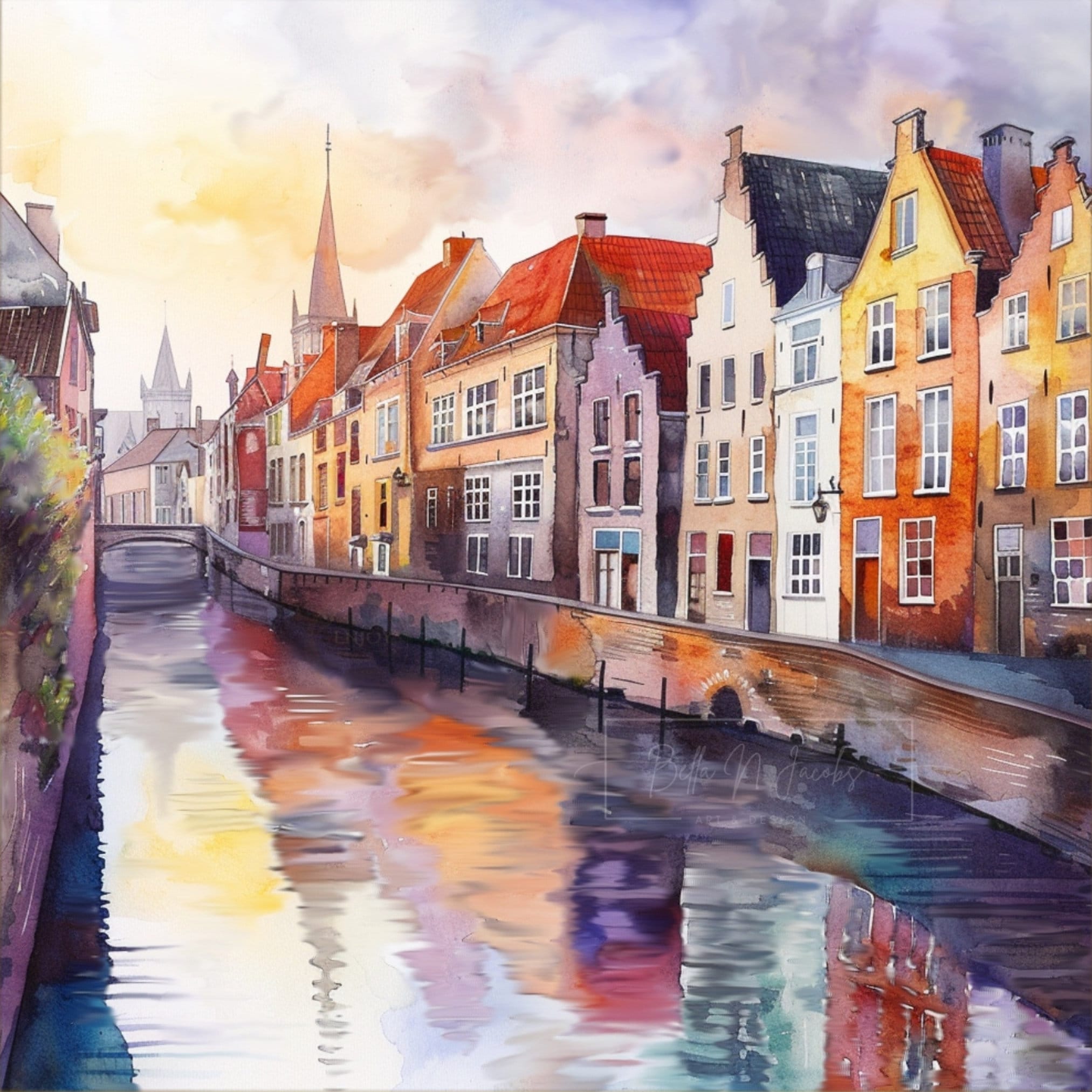 ブルージュ（ベルギー）の水彩画：運河の風景画（デジタルダウンロード