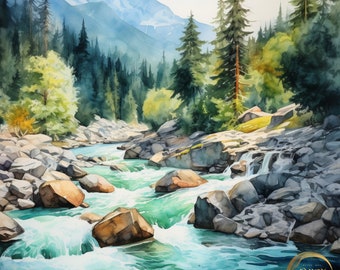 Impressão artística em aquarela de paisagem de rio turquesa (download digital)