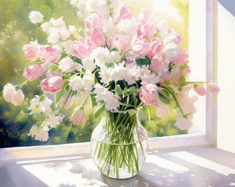Tulips Watercolor Wall Art: Pink & White Flowers (Digital Download)