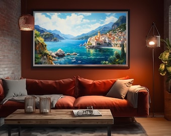 Costa Amalfitana, paisaje mediterráneo imprimible, pintura en acuarela, decoración de pared, diseño, papel tapiz, REGALO, marco, arte para TV