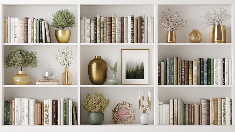 May include: A white bookshelf filled with books, decorative vases, and potted plants. The books are of various sizes and colors. Gold and green vases and pots add a touch of elegance. A framed forest landscape art piece is also present.