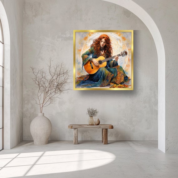 Islandburner Quadro Moderno Su Tela 100x57 Cm - Donna Con Chitarra, Ritratto Monocromatico In Bianco E Nero, Stampa D'Arte Per Soggiorno E Ufficio - 2