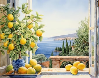 Sicily Lemon Tree Watercolor Print | Sicilian Wall Art | Mediterranean Sea Travel Gift | Cute Lemons Poster | Beach Window  Azure Water GIFT