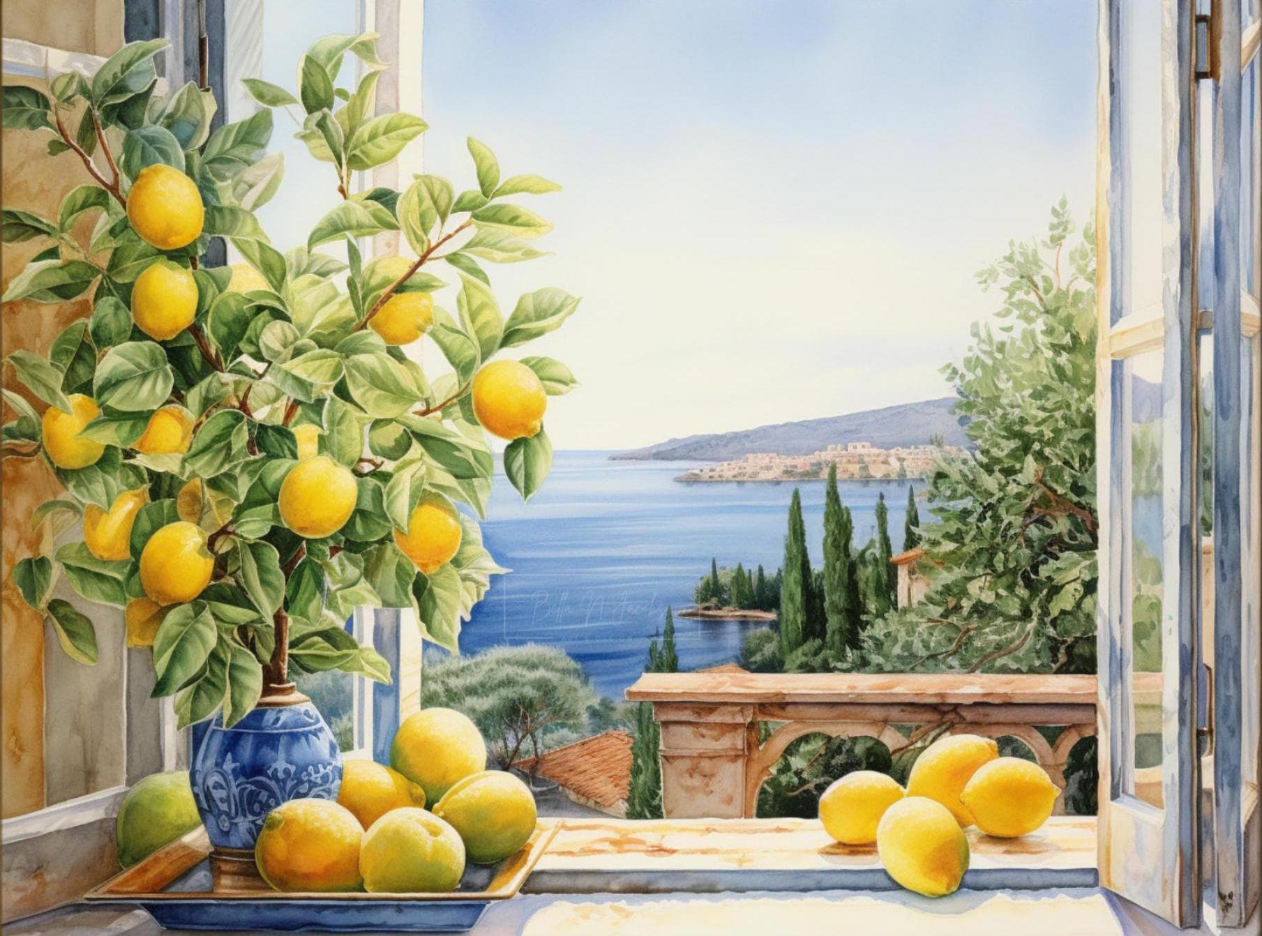 シチリア島のレモンの木の水彩画：地中海の窓辺の風景（デジタル