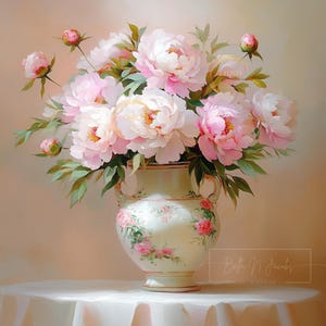 Hermosas peonías en el jarrón de cerámica, estilo antiguo, pintura de estilo vintage, impresión de arte de pared fina, REGALO del día de San Valentín