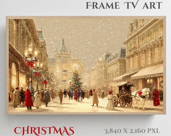 Cuadro navideño vintage victoriano con marco de TV, descarga digital, imagen de pueblo nevado con árbol de Navidad, decoración acogedora de pared invernal