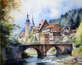 Germany Landscape Watercolor Painting Set: Humpback Bridge & House (Digital Download)