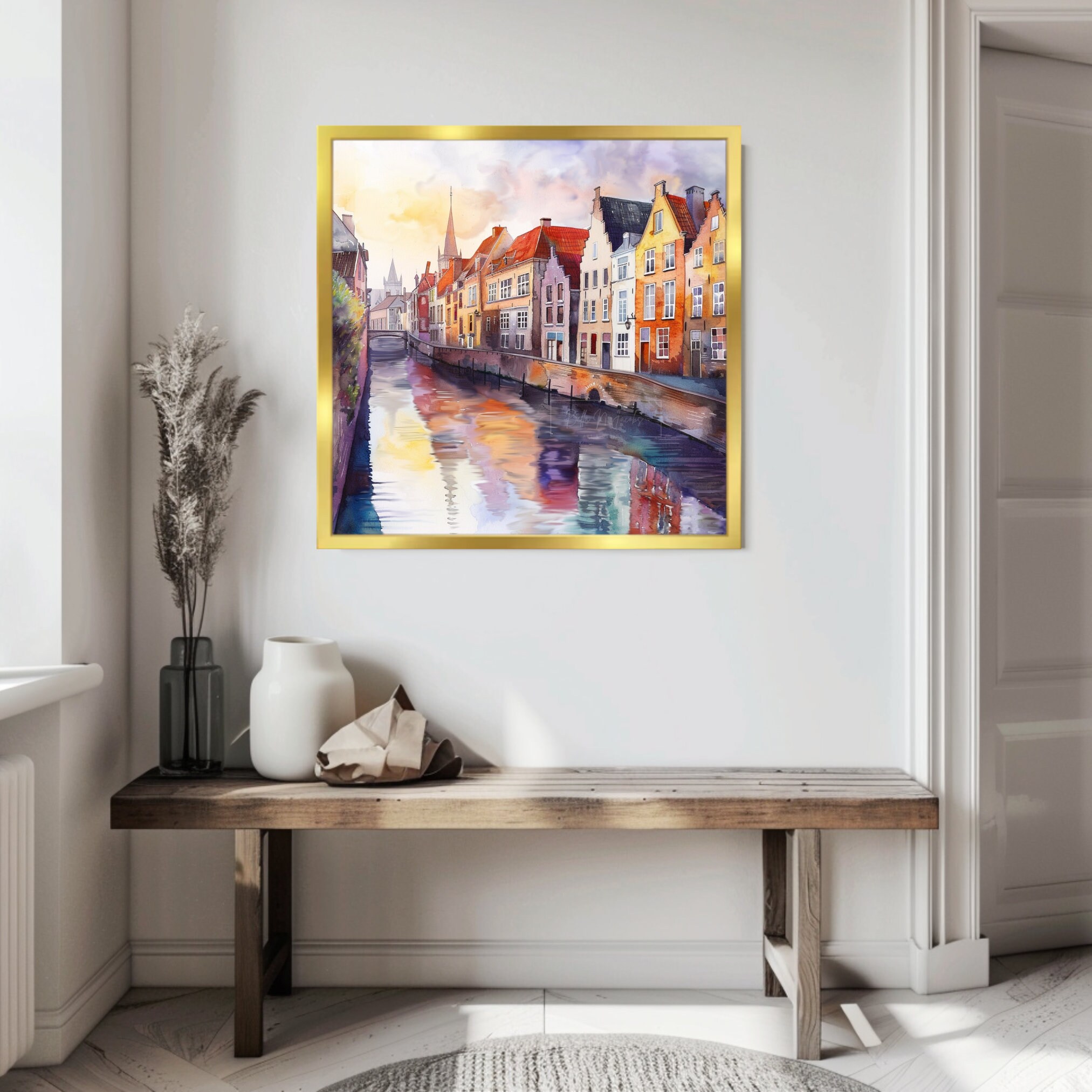 ブルージュ（ベルギー）の水彩画：運河の風景画（デジタルダウンロード