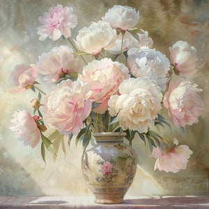 Beautiful peonies Canvas Print Vase of Flowers Vintage style decor Floral wall art Bouquet Flowers Still Life with Flowers Fine Art Poster