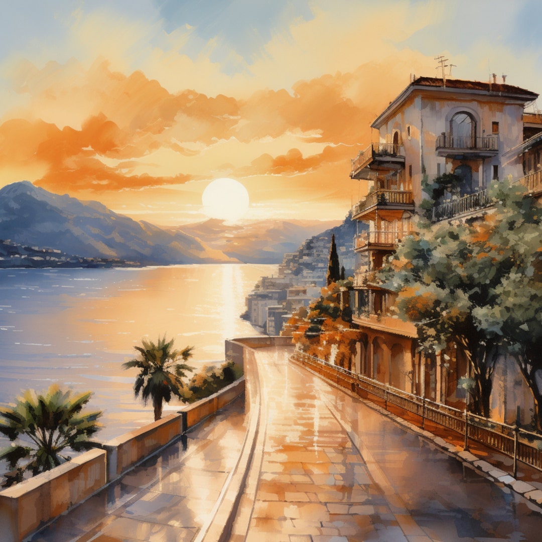 アマルフィ海岸の夕日の水彩画、壁アートデザイン、印刷可能なアート