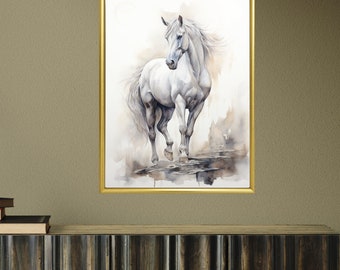 白い馬の水彩画：抽象的な壁アート（デジタルダウンロード） - Etsy 日本