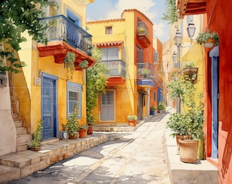 San Juan Puerto Rico Watercolor Painting: Cobblestone Street Art (Digital Download)