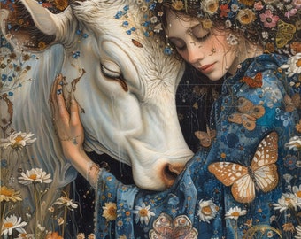 Impressão artística da Vaca Sagrada: Mulher e vaca no estilo Klimt, paisagem de borboletas (download digital)
