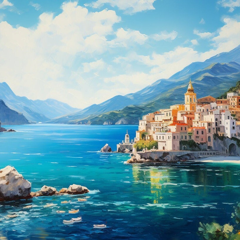 Amalfi Coast Mediterranean Landscape Watercolor Painting Wall Art Decor ...