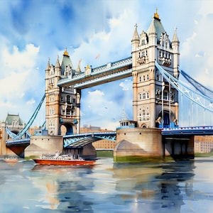 Tower bridge London UK watercolor painting wall art decor design screen wallpaper famous landmark gift