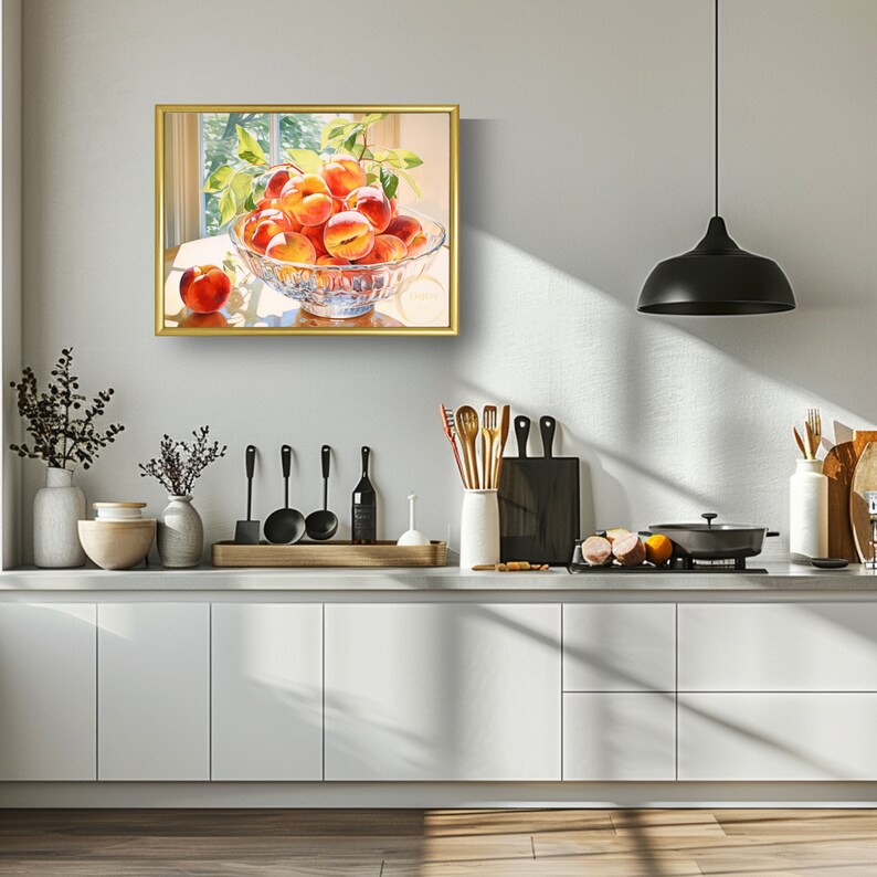 3 panels condiments in the kitchen wall art canvas... Peaches Still Life Painting: Kitchen Wall Art (digital Download) - Etsy