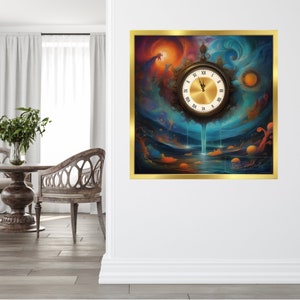 Puede incluir: Una pintura surrealista de un reloj con números romanos, que gotea agua en un charco de agua. El reloj está rodeado de un cielo azul y naranja arremolinado con un sol en la esquina superior derecha. La pintura está enmarcada en oro.