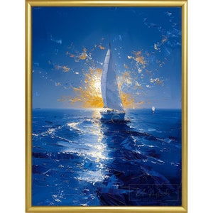 Sailing boat Sunrise oil painting seascape Father&#39;s day gift