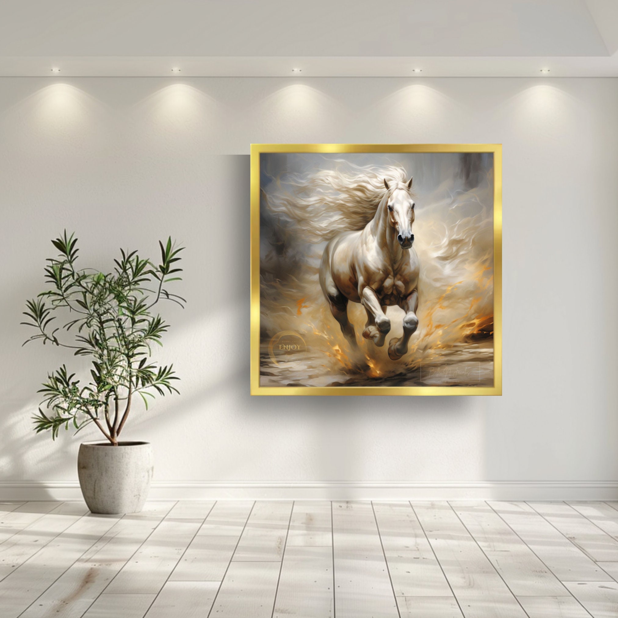 野生の白馬の絵画：疾走する牡馬の絵画（デジタルダウンロード