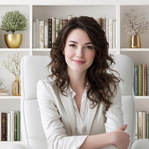 May include: A woman in a white blazer sits in a white chair, smiling. Behind her is a white bookshelf filled with books, decorative vases, and potted plants. The shelves are evenly spaced and create a clean, organized backdrop.