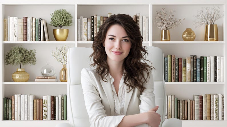 May include: A woman in a white blazer sits in a white chair, smiling. Behind her is a white bookshelf filled with books, decorative vases, and potted plants. The shelves are evenly spaced and create a clean, organized backdrop.