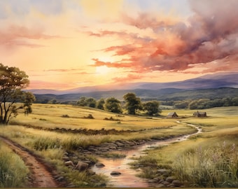 Pintura de paisagem em aquarela vintage: cena rural ao pôr do sol (download digital)