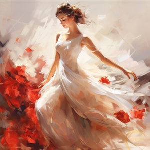 Puede incluir: Una mujer con un vestido blanco se encuentra en un campo de flores rojas. El vestido es fluido y el cabello de la mujer es largo y fluido. El fondo es un suave desenfoque de blanco y rojo.