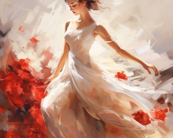 Impressão artística de mulher dançando em vestido branco: abstrato vermelho e branco (download digital)