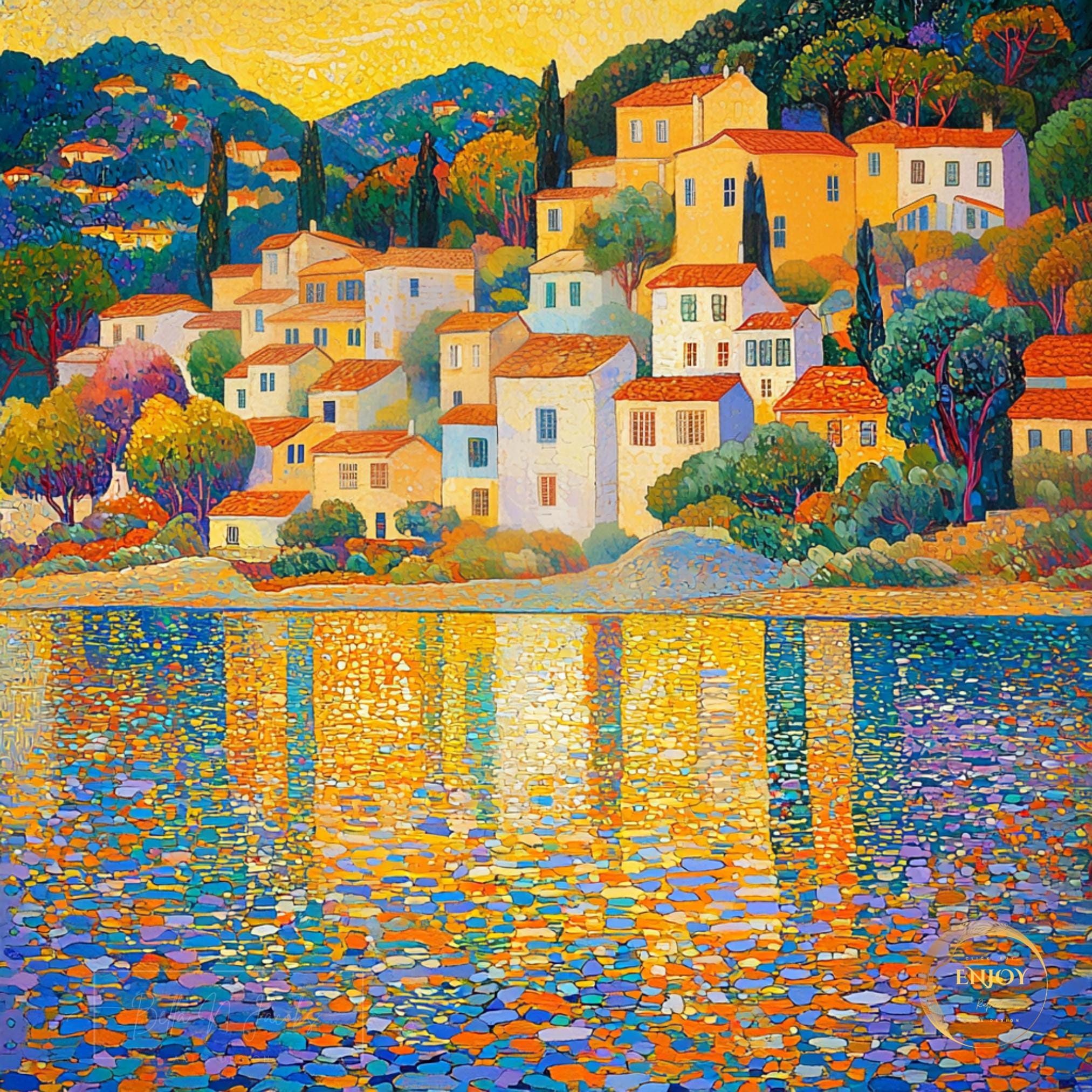 Mediterranean Coastal Village Art Print: Klimt-inspired Wall Decor