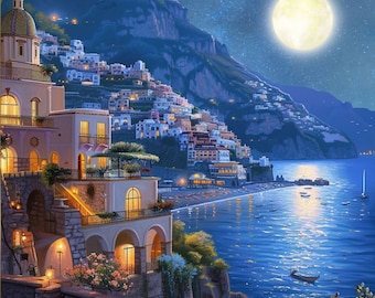 Impressão artística de paisagem noturna de lua cheia na Costa Amalfitana (download digital)