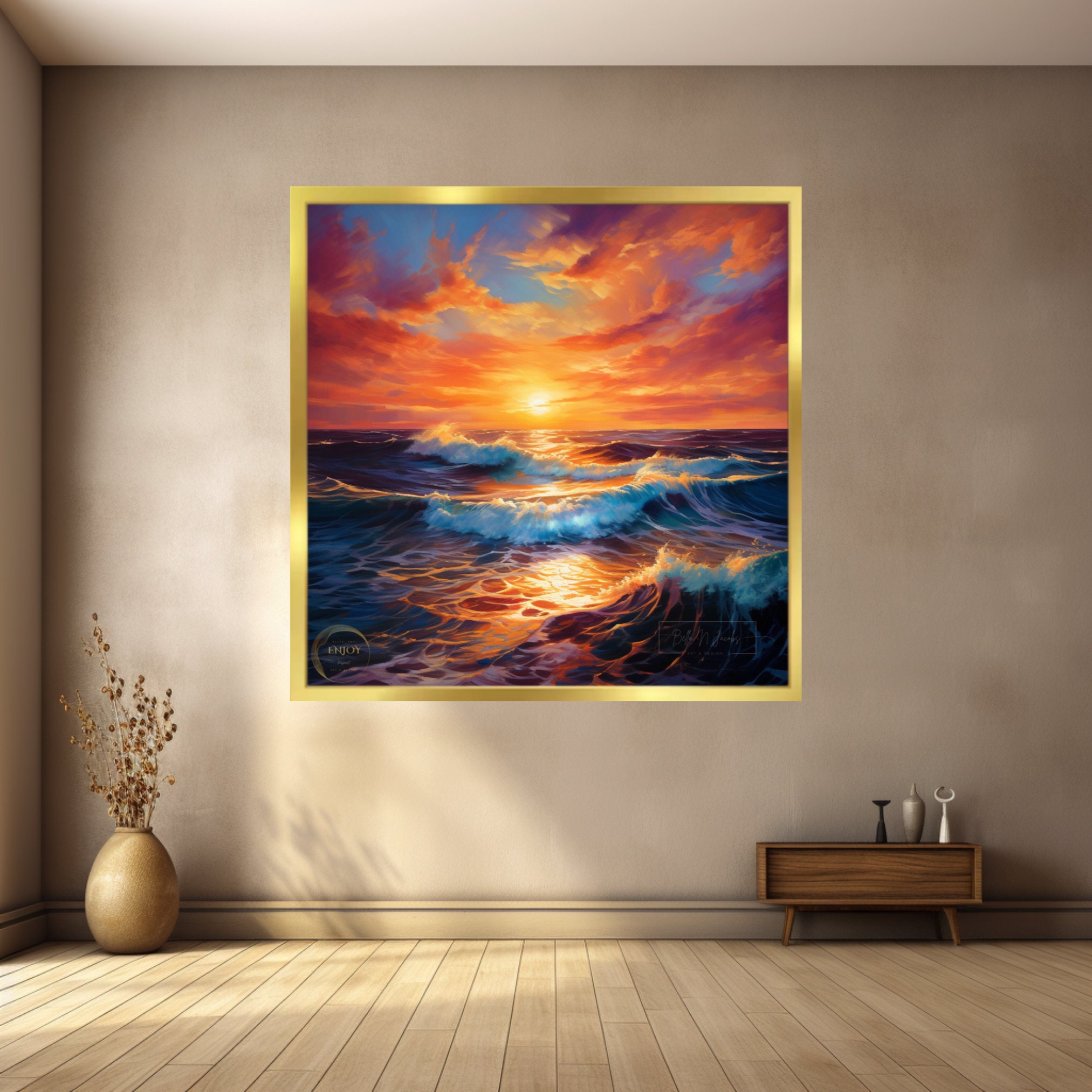 壮大な海の夕日のアートプリント：ドラマチックな海景画（デジタル