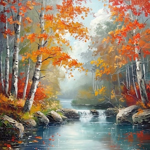 Birch Forest Brook-olieverfschilderij: herfstlandschapskunst (digitale print)