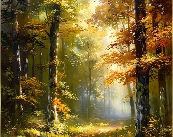 Sunlit Forest Watercolor Painting: Autumn Landscape Art (Digital Print)