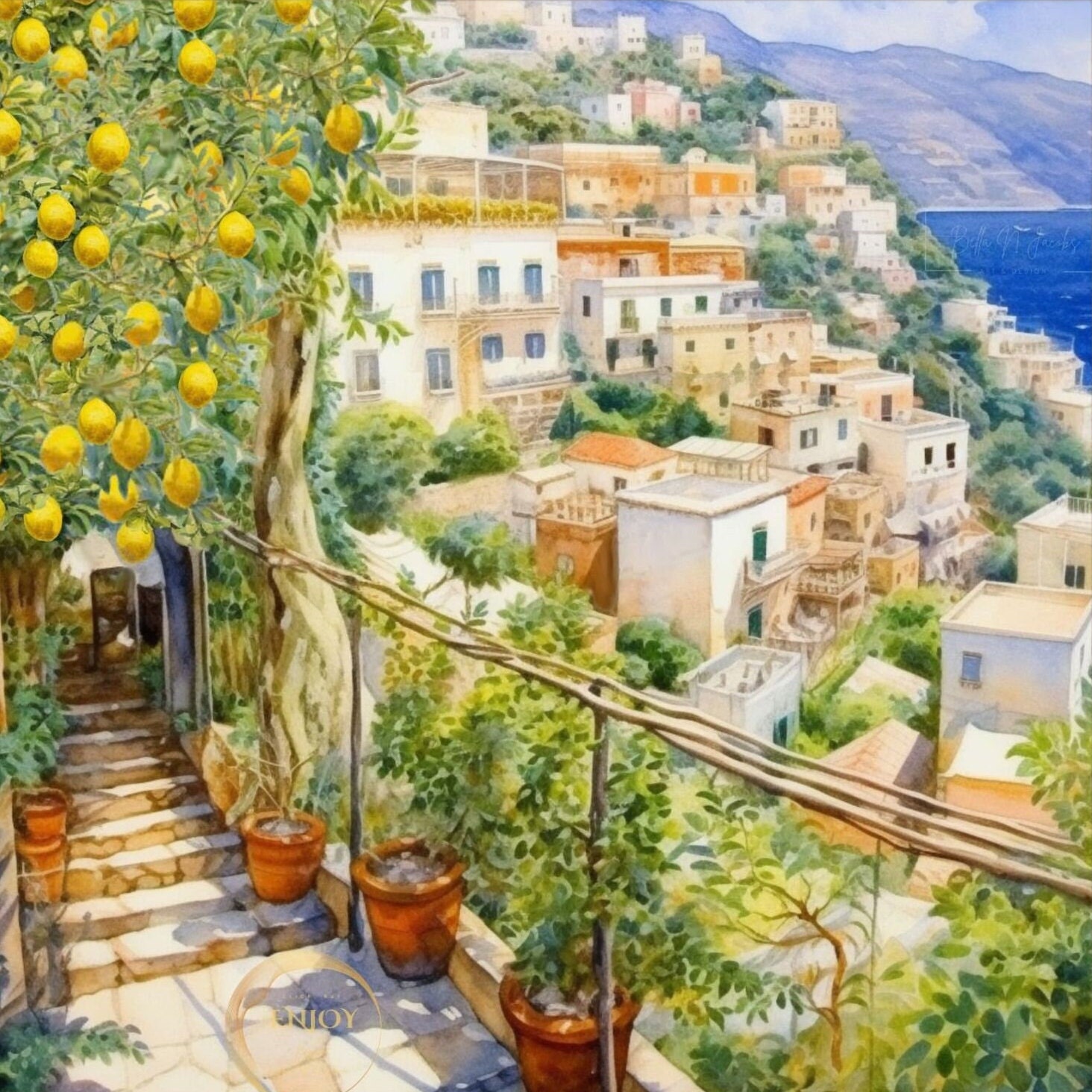 Amalfi Coast Courtyard View Sicilian Lemon Tree Paining Wall Art