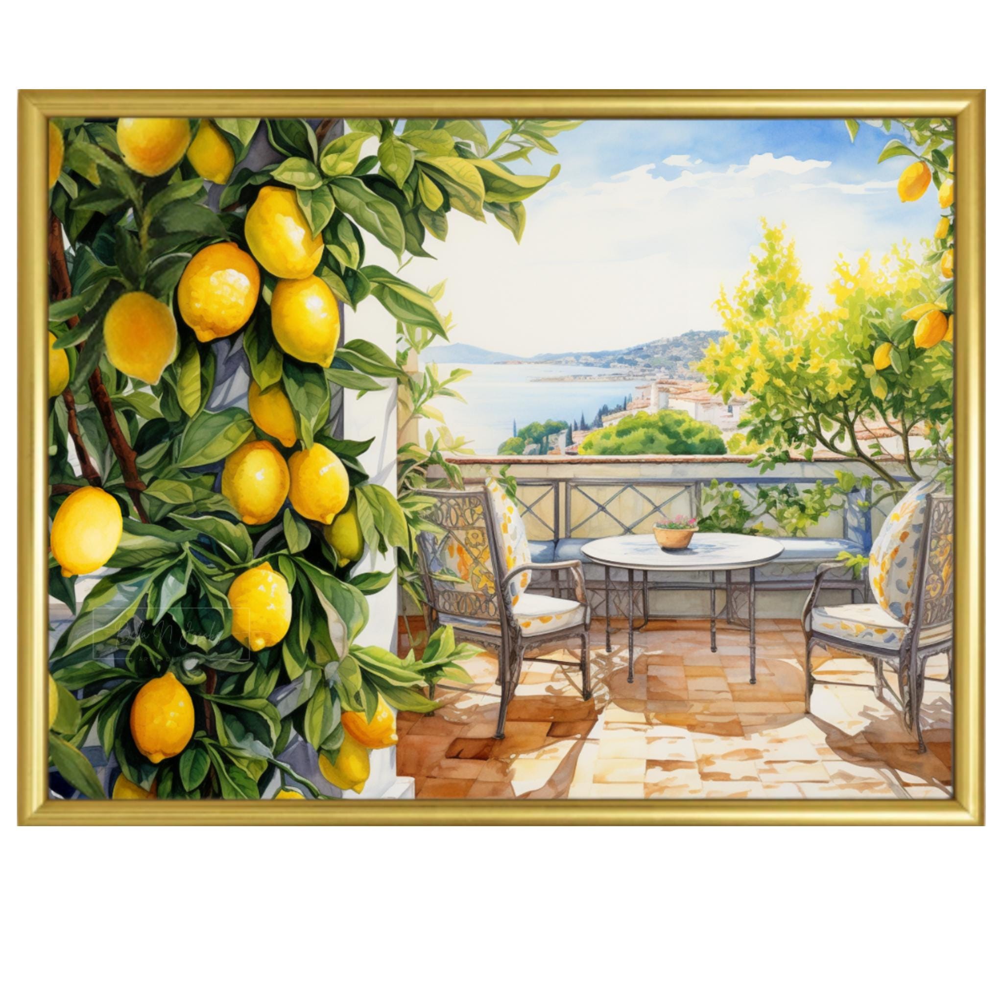 Amalfi Coast Watercolor Print: Lemon Tree Terrace View (digital
