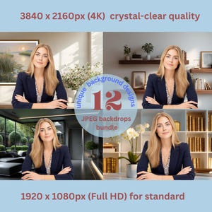 May include: A bundle of 12 JPEG backdrops, with a woman in a navy blazer in four different settings. The image includes text that reads "unique background designs" and "JPEG backdrops bundle". The image also states "3840 x 2160px (4K) crystal-clear quality" and "1920 x 1080px (Full HD) for standard".