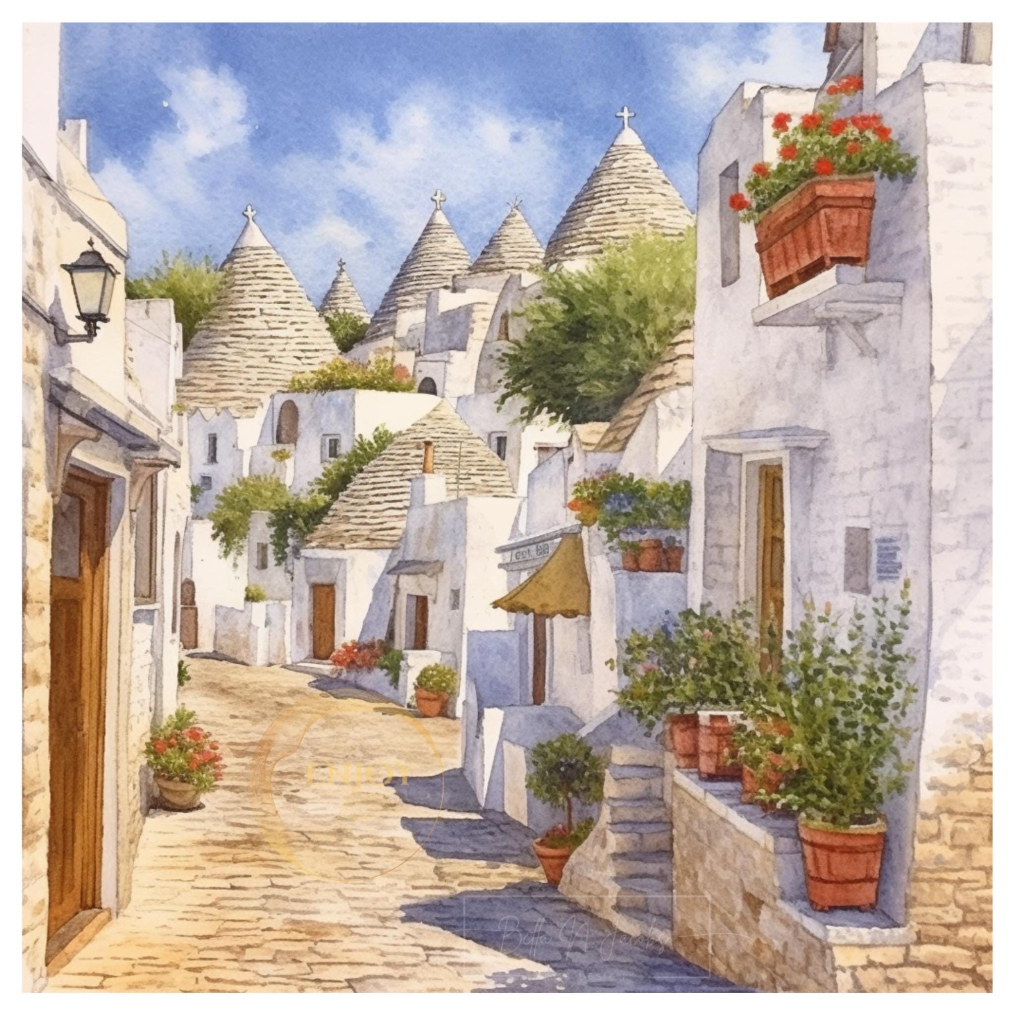 イタリア アルベロベッロ トゥルッリ 住宅 水彩画 壁アート デザイン
