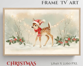 Arte de TV con marco de ciervo navideño Lindo cervatillo invernal Descarga digital Obra de arte navideña para Samsung Frame TV Arte acogedor para Samsung Frame TV Decoración